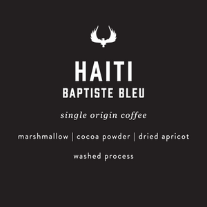 Haiti Baptise Bleu single origin coffee by Press Coffee Roasters. Featuring notes of marshmallow, cocoa powder, and dried apricot. A washed process coffee. 